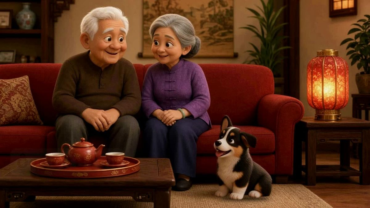 Li Xi with Ông and Bà in the living room, a scene from Episode 1