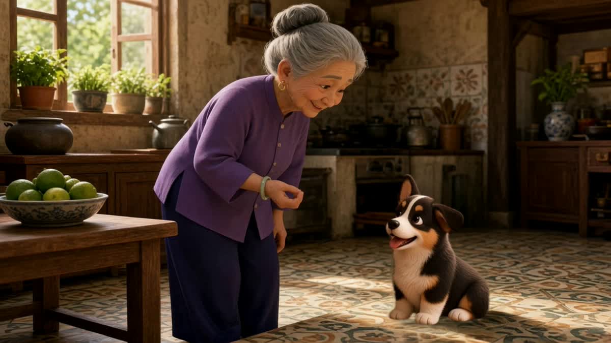 Bà smiling at Li Xi in a warm family kitchen, a scene from Episode 1